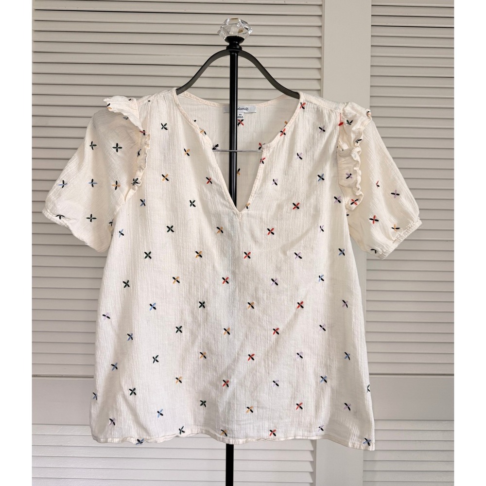 Madewell Flutter Sleeve Embroidered Cotton Gauze Top XS White V-Neck Blouse
